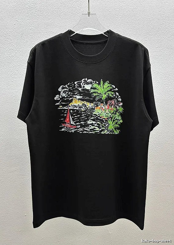 AW Seaside Print Vacation Style Black Short Sleeve T-Shirt