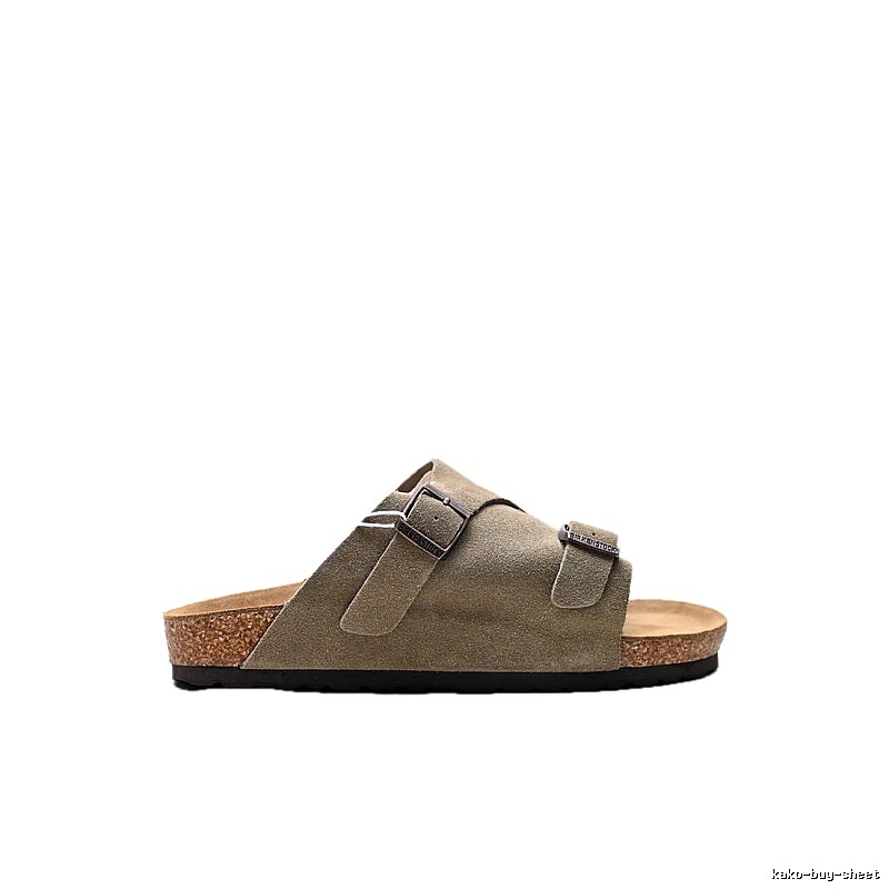 Birkenstock Vintage-Style Double-Buckle Khaki Cork Slide Sandals