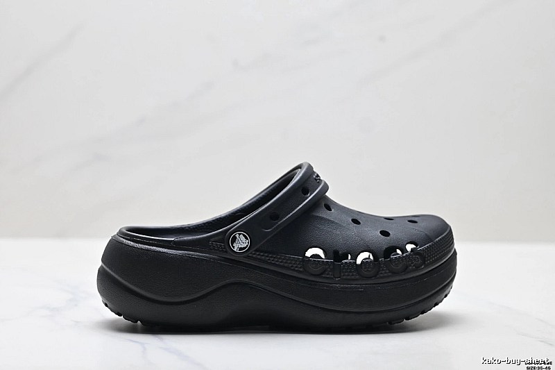 Black thick - soled Crocs clogs.