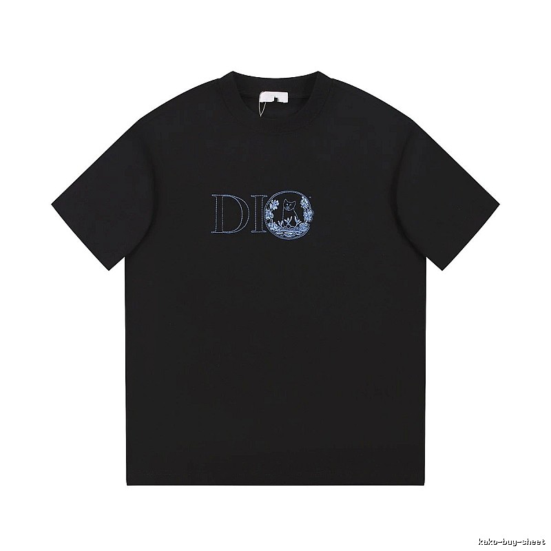 Dior Cat-Embroidered Casual Black T-Shirt