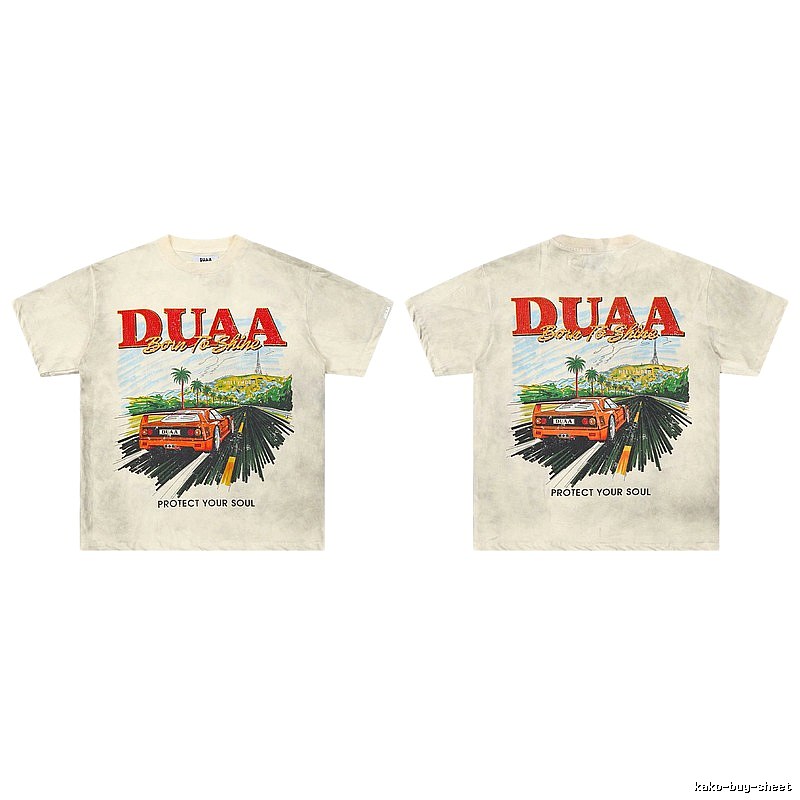 DUAA Sports Car Print American Retro Off-white Short Sleeve T-Shirt