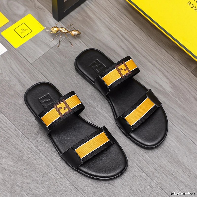 Fendi FF Collection Light Luxury Style Black and Yellow Slide Sandals