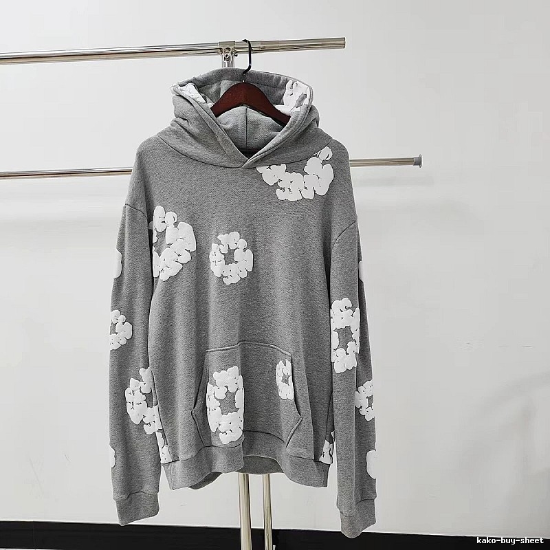 Grey White Floral Pullover Hoodie