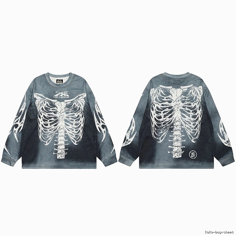 Hellstar Skull Print Street Style Vintage Grey Long Sleeve T-shirt