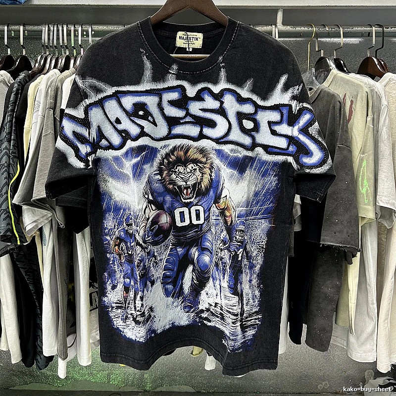 MAJESTIK American Retro Lion Printed Black Short-sleeve T-shirt