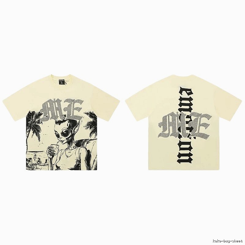 Mixed Emotion Alien Print Street Style Beige T-Shirt