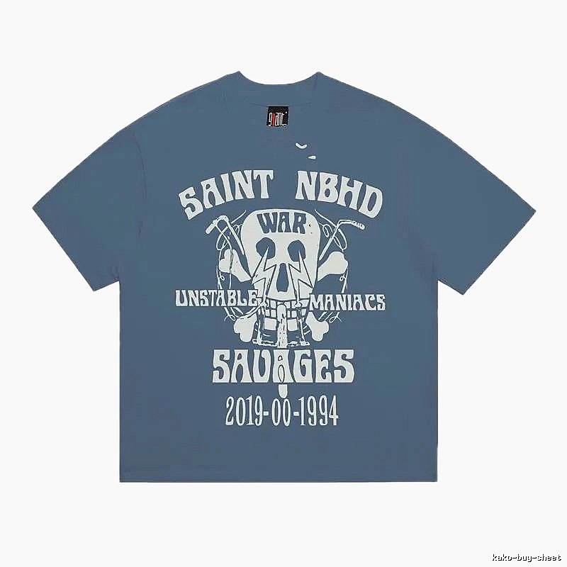 SAINT Skull Print Vintage Grey-Blue Short Sleeve T-Shirt