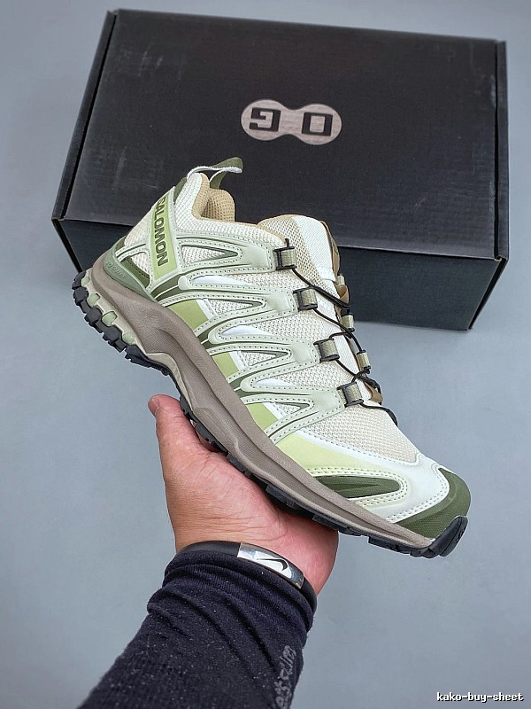 Salomon Trail Runners, Cream and Green and Quick-Lace Style Cords