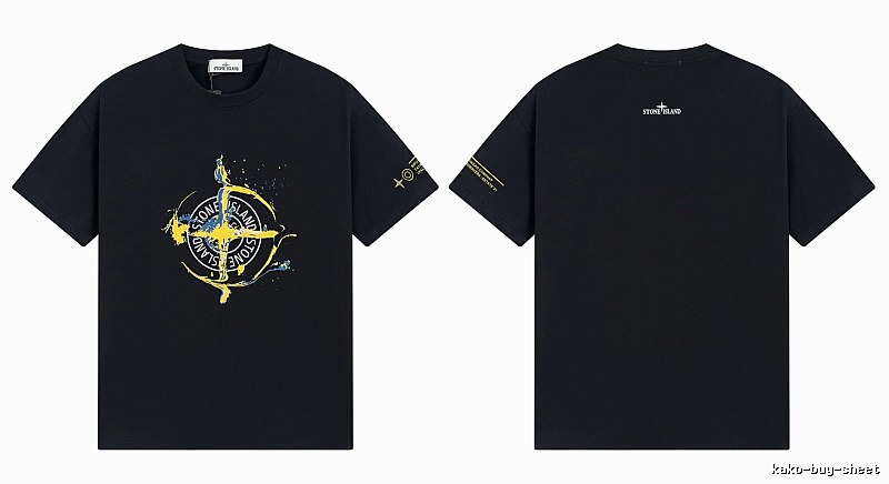 Stone Island Ink-splattered Street Style Black Short-sleeve T-shirt