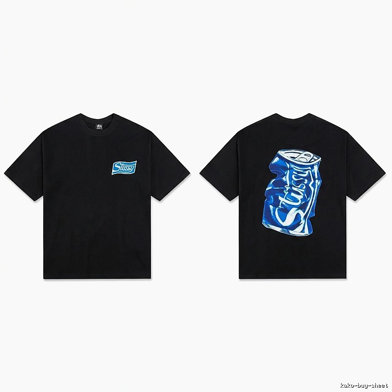 Stussy's black T-shirt with a can-style design