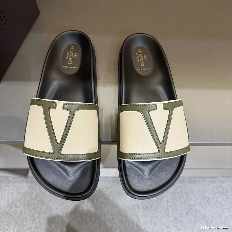 Valentino Big V Minimalist Style Beige-Green Color-block Slide Sandals